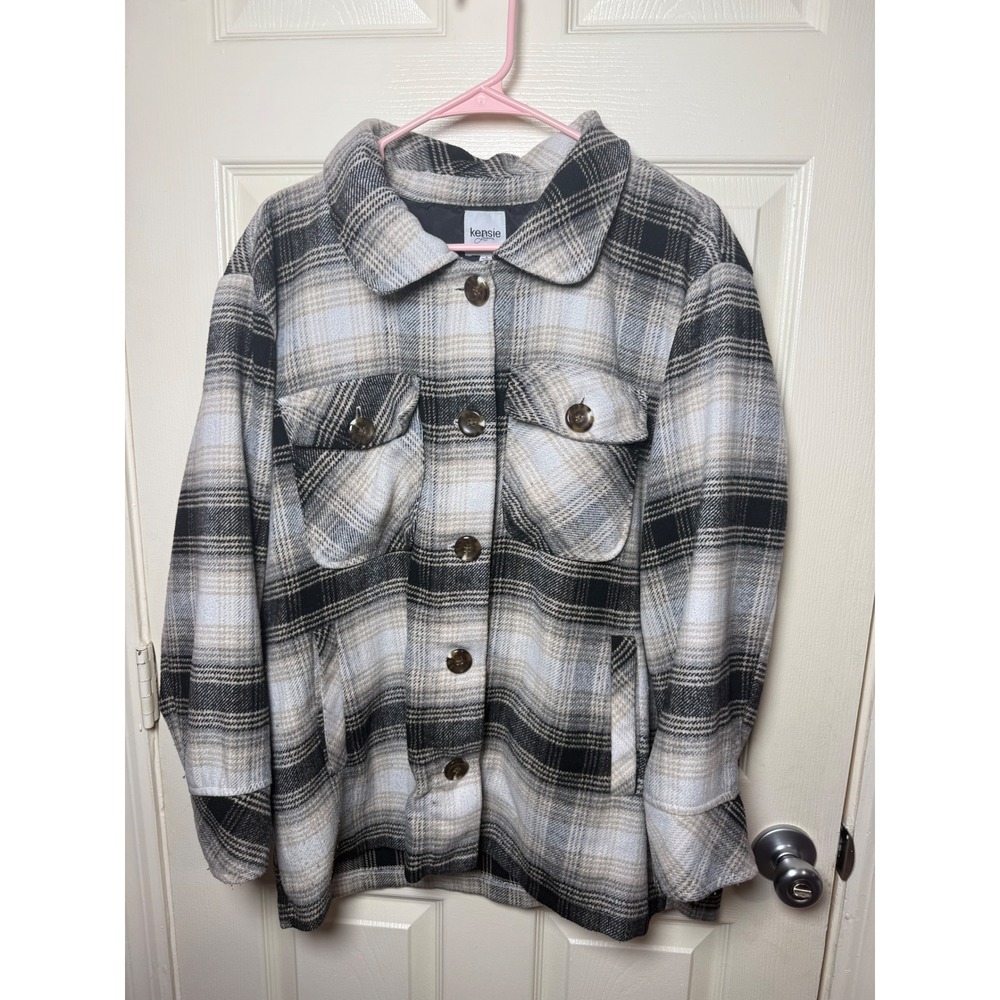 Kensie Jeans Womens Plaid Shacket Black Tan White Button Front Shirt Jacket L